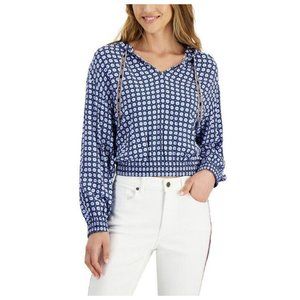 Tommy Hilfiger Womens Smocked Printed Hoodie Pullover Top Shirt Blue XS
